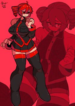 1girl absurdres black_shirt black_skirt black_sleeves bone_nigi boots breast_pocket breasts commentary_request detached_sleeves drill_hair full_body hair_between_eyes hand_up highres kasane_teto kasane_teto_(utau) looking_at_viewer multiple_views nervous pleated_skirt plump pocket red_eyes red_hair red_theme red_trim shirt skirt sleeveless sleeveless_shirt solo standing sweat thick_thighs thigh_boots thighs twin_drills utau