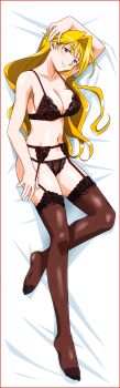 Rule 34 | 1girl, absurdres, arm up, bed sheet, black panties, black theme, blonde hair, blue eyes, border, breasts, christine garland, dakimakura (medium), full body, garter belt, garter straps, hand on own head, head tilt, highres, large breasts, lingerie, long hair, lying, navel, non-web source, on back, panties, photoshop (medium), red border, smile, solo, strap gap, strap pull, super real mahjong, underwear