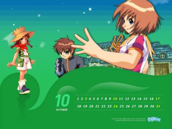 Rule 34 | 1997, 1boy, 2004, 2girls, anna (yogurting), aqua eyes, archived source, artist request, bare arms, bare shoulders, belt, black boots, black jacket, black outline, black shirt, black sleeves, boots, braid, brown hair, brown hat, building, calendar (medium), character request, closed mouth, cloud, company name, copyright name, copyright notice, dated, door, flower knot, green background, green belt, hat, highres, jacket, long hair, looking at viewer, low twin braids, low twintails, mechanical hands, multicolored boots, multiple girls, october, official art, official wallpaper, orange sailor collar, outline, overalls, pocket, puffy short sleeves, puffy sleeves, red scarf, reflection, sailor collar, scarf, shirt, short hair, short sleeves, single mechanical hand, sleeveless, sleeveless shirt, smile, split mouth, star (sky), straw hat, torn clothes, torn hat, twin braids, twintails, undershirt, white boots, white overalls, white shirt, white sleeves, window, yogurting