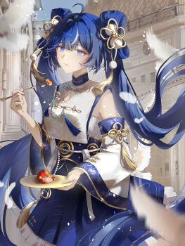 1girl :t absurdres augusta_(wuthering_waves) bare_shoulders bird blue_eyes blue_skirt breasts character-themed_food chinese_clothes chinese_knot commentary detached_sleeves eating highres iuno_(wuthering_waves) long_hair long_sleeves looking_at_viewer medium_breasts multicolored_hair official_alternate_costume shirt sitting skirt solo streaked_hair twintails watermark weibo_watermark white_bird white_shirt wide_sleeves wuthering_waves xing_feng_singfor