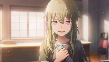 1girl blurry bottle chair close-up collarbone colorful_palette depth_of_field folded_chair folding_chair green_hair grey_shirt hair_flaps highres holding holding_bottle kusanagi_nene long_sidelocks long_table lower_teeth_only muntins official_art open_mouth project_sekai purple_eyes shirt sidelocks smile solo swept_bangs table teeth the_power_of_regret_(project_sekai) third-party_source window