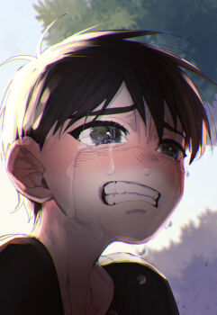 1boy aegyo_sal antenna_hair backlighting black_eyes black_hair black_shirt blue_sky blurry blurry_background blush bright_pupils bush child chromatic_aberration clenched_teeth collarbone commentary_request crying crying_with_eyes_open day ear_blush from_below hair_between_eyes highres looking_ahead male_focus nose_blush omori personification portrait sad shirt short_hair simple_background sky solo sunny_(omori) swept_bangs tears teeth thick_eyebrows toastytoast tree very_short_hair white_pupils