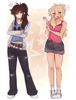 2girls belt black_hair blonde_hair blue_eyes blue_shirt blush border breasts broken_heart_print cardigan class_of_09 commentary denim emo_fashion english_commentary fashion flipped_sidelocks full_body grey_cardigan hair_bun high_ponytail highres jeans jecka_(class_of_09) long_hair looking_at_viewer midriff_peek multiple_belts multiple_girls nicole_(class_of_09) open_mouth pants pink_tank_top ponytail self-harm_scar shirt shoes shorts sidelocks simple_background single_hair_bun sneakers standing tan tank_top thelemondrink torn_clothes torn_jeans torn_pants white_border y2k_fashion yellow_eyes
