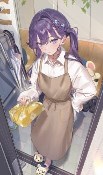 1girl ahoge animal_slippers apron bento braid brown_apron butterfly_hair_ornament closed_mouth closed_umbrella collared_shirt commentary_request doorway ear_piercing expressionless from_above full_body gakuen_idolmaster hair_between_eyes hair_ornament hand_on_own_hip highres holding_bento idolmaster indoors kaya_rinha long_hair long_sleeves looking_at_viewer looking_up mole mole_on_neck open_door piercing pov_doorway purple_hair shirt shoes slippers solo twintails umbrella unworn_shoes uouokuma white_shirt wrapped_bento
