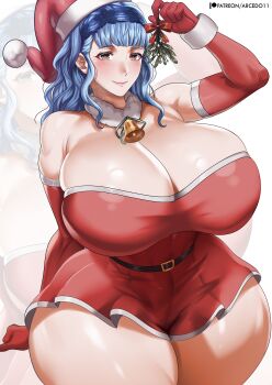 1girl absurdres arcedo bare_shoulders bell belt blue_hair blush breasts cleavage curvy elbow_gloves female_focus fire_emblem fire_emblem:_three_houses gloves hat highres huge_breasts looking_at_viewer marianne_von_edmund medium_hair mistletoe nintendo santa_hat skindentation solo thick_thighs thighs wide_hips