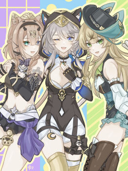 3girls :d ;d absurdres animal_ears aqua_eyes bare_shoulders black_gloves black_hairband black_hat blonde_hair braid breasts brown_hair cat_ears chinese_commentary cipher_(honkai:_star_rail) cleavage commentary_request cowboy_shot detached_sleeves fingerless_gloves genshin_impact gloves green_eyes grey_hair hairband hat highres honkai:_star_rail honkai_(series) honkai_impact_3rd hood kirara_(genshin_impact) kirara_(phantom_in_boots)_(genshin_impact) long_hair long_sleeves looking_at_viewer mihoyo multiple_girls navel one_eye_closed open_mouth pardofelis smile standing stomach thighs trait_connection xixixixixi_xxxx