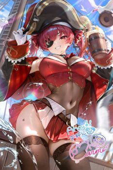 Rule 34 | 1girl, arrow through heart, artist request, ascot, bad source, belt, bicorne, bird, black coat, black thighhighs, blue sky, breasts, clenched teeth, coat, cropped jacket, day, gloves, hat, highres, hololive, houshou marine, houshou marine (1st costume), jacket, large breasts, leotard, leotard under clothes, navel, official art, pirate hat, pleated skirt, red ascot, red hair, red jacket, red nails, red skirt, seagull, see-through cleavage, see-through clothes, see-through leotard, skirt, sky, sleeveless, sleeveless jacket, smile, solo, tankard, teeth, thighhighs, thighs, twintails, virtual youtuber, white gloves