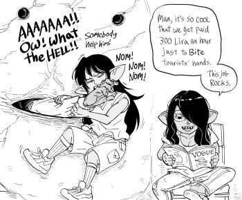 2girls :d bb_(baalbuddy) biting biting_another's_hand biting_hand bocca_della_verita chair closed_eyes commentary dark-skinned_female dark_skin english_commentary english_text female_goblin glasses goblin greyscale hair_over_one_eye highres monochrome multiple_girls on_chair one_eye_covered open_mouth original parody pointy_ears reading roman_holiday sharp_teeth shirt sitting smile teeth vogue_(magazine)