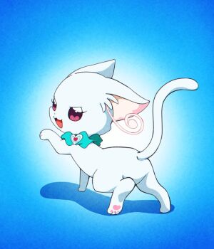 1girl @est@ animalization aqua_scrunchie back cat collar_charm nekoyashiki_mayu nekoyashiki_mayu_(cat)_(@est@) open_mouth pawpads pink_eyes precure scrunchie tail_raised white_fur wonderful_precure!