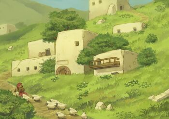 Rule 34 | 1girl, balcony, brown hair, building, day, dirt road, door, from behind, highres, hill, koki08186863, long hair, long sleeves, original, outdoors, road, sheep, shirt, tree, white shirt, wide shot, wide sleeves