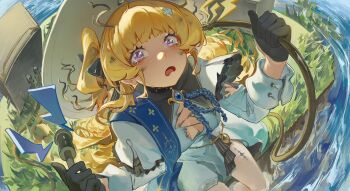 1boy absurdres black_gloves blonde_hair breasts cable cleavage commentary crying gloves hat highres liudaohai6001 long_hair looking_at_viewer medium_breasts meme pantyhose phoebe_(wuthering_waves) purple_eyes solo symbol-only_commentary tacet_mark_(wuthering_waves) top_hat torn_clothes white_hat white_pantyhose wuthering_waves