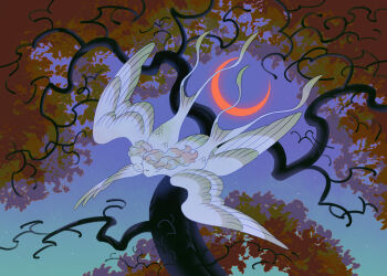 2girls absurdres bird_tail branch crescent_moon fantasy feathers flying grey_feathers highres leaf moon multiple_girls original red_moon sarakipin sky tail traditional_harpy tree white_wings winged_arms wings