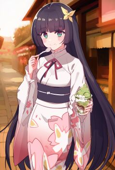1girl absurdres birthday black_hair blush breasts commentary cream_(nipakupa) food green_eyes highres hime_cut holding holding_spoon ikizulive!_love_live!_bluebird japanese_clothes kimono komagata_hanabi long_hair looking_at_viewer love_live! small_breasts solo spoon standing very_long_hair yukata