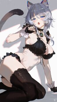 Rule 34 | 1girl, animal ear fluff, animal ears, ass, black bra, black panties, black thighhighs, blue eyes, blush, bow, bra, braid, breasts, cat ears, cat girl, cat tail, cipher (honkai: star rail), duplicate, fang, fingerless gloves, gloves, hair between eyes, highres, honkai: star rail, honkai (series), large breasts, mole, mole on breast, nanjo maya, navel, panties, shadow, simple background, single braid, skin fang, tail, thighhighs, thighs, underwear, white bow