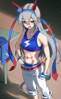 1girl abs animal_ears bare_shoulders belt blue_jacket blue_sports_bra breasts commentary_request ear_covers ear_ornament fang feet_out_of_frame grey_hair hair_between_eyes hand_on_own_hip harakomeshi highres horse_ears horse_girl horse_tail jacket lightning_bolt_symbol long_hair navel open_mouth pants pants_rolled_up red_belt small_breasts smile solo sports_bra standing stomach tail tamamo_cross_(umamusume) tamamo_cross_(with_lightning_speed)_(umamusume) umamusume unworn_jacket white_pants