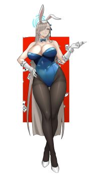 absurdres animal_ears asuna_(blue_archive) asuna_(bunny)_(blue_archive) asymmetrical_bangs blonde_hair blue_archive blue_bow blue_bowtie blue_eyes blue_halo blue_leotard bow bowtie breasts card cleavage detached_collar fake_animal_ears gloves hair_over_one_eye halo highleg highleg_leotard highres holding holding_card large_breasts leotard official_alternate_costume pantyhose playboy_bunny rabbit_ears strapless strapless_leotard traditional_bowtie tsu.toxine white_gloves wrist_cuffs