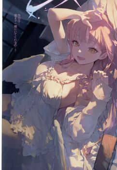 1girl absurdres alternate_costume angel_wings blue_archive blush breasts cleavage collarbone dress empire_waist feathered_wings frilled_dress frills gradient_halo hair_bun hair_spread_out halo hand_on_own_head highres long_hair long_sleeves looking_at_viewer low_wings lying medium_breasts mika_(blue_archive) modare multicolored_halo one_side_up open_clothes open_mouth open_shirt pink_hair pink_halo shirt single_side_bun smile solo translation_request white_dress white_shirt white_wings wing_ornament wings yellow_eyes