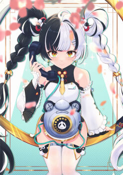 1girl absurdres animal_print bare_shoulders bear_print black_hair braid braided_twintails chinese_clothes commentary_request detached_sleeves dialyn_(zenless_zone_zero) dress earrings enpixi hair_extensions hair_ornament highres jewelry long_hair multicolored_hair panda_hair_ornament panda_print ring_hair_extensions solo split-color_hair thighhighs white_hair yellow_eyes zenless_zone_zero
