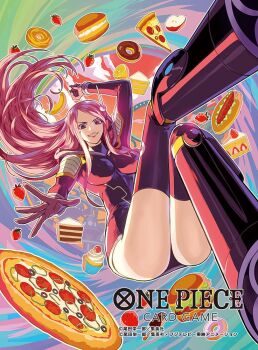 1girl apple arm_up boots burger cake cake_slice commentary_request copyright_name cupcake donut food fruit gloves headphones hood jewelry_bonney lemon leotard long_hair moreshan official_art one_piece one_piece_card_game pink_hair pizza pizza_slice purple_thighhighs smile strawberry swept_bangs thighhighs