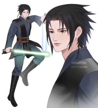 Rule 34 | 1boy, alternate costume, anakin skywalker, anakin skywalker (cosplay), artist name, black boots, black hair, black vest, blue kimono, blue lightsaber, blue pants, boots, braid, chromatic aberration, closed mouth, commentary, cosplay, cropped arms, dual wielding, energy sword, english commentary, feet up, floating, floating hair, full body, green lightsaber, highres, holding, holding sword, holding weapon, japanese clothes, kimono, knee boots, levitation, light smile, lightsaber, looking ahead, looking down, male focus, multiple views, naruto (series), pants, parted bangs, short braid, side braid, simple background, spiked hair, star wars, sword, tenartistt, uchiha sasuke, vest, watermark, weapon, white background