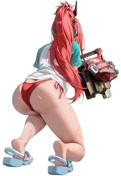 1girl ahoge aiming aqua_hairband ass bare_legs bikini bikini_under_clothes blue_sandals boninit breasts butt_crack curvy feet from_behind full_body goddess_of_victory:_nikke green_hairband gun hairband highres holding holding_gun holding_weapon huge_ass kneeling large_breasts long_hair long_sleeves official_alternate_design official_alternate_hair_color official_art ponytail rapi_(nikke) rapi_(red_hood)_(nikke) rapi_(red_hood)_(red_flavor)_(nikke) red_bikini red_hair ryona sandals shiny_skin shirt skindentation solo swimsuit thick_thighs thighs thong thong_bikini transparent_background weapon wedgie wet wet_clothes wet_shirt wide_hips