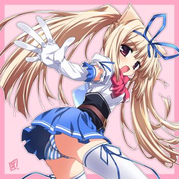 1girl ass blonde_hair blush breasts commission elbow_gloves gloves highres long_hair looking_at_viewer mizumoto_tsukasa-sensei_no_(ecchi)_wo_oboeru_otona_no_seikyouiku_lesson!! open_mouth panties pantyshot pink_eyes skeb_commission skirt small_breasts smile solo striped_clothes striped_panties take_shinobu terakawa_yuiko thighhighs twintails underwear