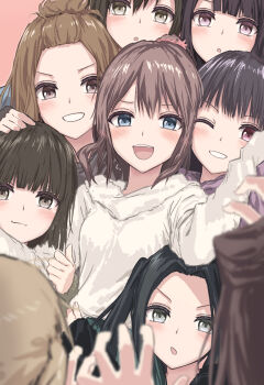 6+girls :d :o ;d bang_dream! bang_dream!_girls_band_party! bangs_pinned_back black_hair blonde_hair blue_eyes brown_eyes brown_hair chestnut_mouth closed_mouth commentary cone_hair_bun curtained_hair double_bun flying_sweatdrops grey_eyes grin hair_bun hanazono_tae highres ichigaya_arisa kawabata_mayu long_hair long_sleeves looking_at_viewer mori_fumika multiple_girls one_eye_closed open_mouth pink_background pink_eyes poppin'party simple_background smile sweater taiko_satomi teeth toyama_kasumi two_side_up umino_natsuki upper_teeth_only ushigome_rimi v-shaped_eyebrows white_sweater yamabuki_saya yukitake_(bullfalk)