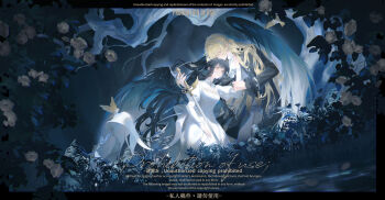 1boy 1girl above-cleavage_cutout absurdres alkaid_mcgrath alkaid_mcgrath_(until_the_end_of_time) angel_wings back_bow bird black_border black_coat black_hair black_wings blonde_hair border bow center-flap_bangs closed_mouth clothing_cutout coat commission constellation couple cowboy_shot dark dress feather_hair_ornament feathered_wings feathers flower frilled_sleeves frills gradient_wings green_eyes grey_pants hair_between_eyes hair_ornament hair_ribbon half_updo hand_up hetero heterochromia highres holding holding_another's_arm holding_sword holding_weapon jewelry juliet_sleeves lapels long_hair long_sleeves looking_at_another lovebrush_chronicles mandarin_collar mihuashi_commission multicolored_wings notched_lapels oc_x_canon open_clothes open_coat original pants parted_lips planted planted_sword planted_weapon puffy_sleeves reaching reaching_towards_another red_eyes reeds ribbon ring river riverbank shirt sword tree two_side_up vest water wavy_hair weapon white_bow white_dress white_shirt winged_sword wings yellow_bird yellow_eyes yellow_flower yellow_ribbon yellow_vest zi