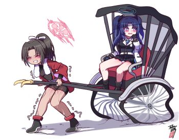 2girls @_@ belt bike_shorts black_footwear black_gloves black_hair black_jacket black_shorts black_skirt black_socks blazer blue_archive blush broken_wheel coat collared_shirt embarrassed forehead full_body gloves hair_ornament heavy jacket japanese_clothes looking_afar multiple_girls nervous open_clothes open_coat panties pantyshot pulling purple_eyes purple_hair red_happi rickshaw rickshaw_student_(blue_archive) shasa2456 shirt shoes short_shorts shorts skirt socks sweat sweatdrop tearing_up thick_thighs thighs trembling triangle_hair_ornament underwear white_background white_coat white_panties white_shirt yuuka_(blue_archive)