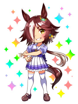 1girl animal_ears blush bow bowtie breasts brown_eyes brown_hair chibi chibi_only commentary_request full_body grin hair_over_one_eye highres horse_ears horse_girl horse_tail long_hair looking_at_viewer multicolored_hair open_mouth pleated_skirt puffy_short_sleeves puffy_sleeves purple_bow purple_bowtie purple_shirt sailor_collar sailor_shirt school_uniform shirt shoes short_sleeves skirt smile solo sugimotty_nova tail teeth thighhighs tracen_school_uniform umamusume vodka_(umamusume) white_hair white_sailor_collar white_skirt white_thighhighs zettai_ryouiki