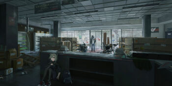 1girl 2boys abandoned absinthe_(arknights) arknights backpack bag broken_window cash_register glass_door hiding highres holding holding_knife indoors kirok_orange knife machete masked multiple_boys one_eye_covered scenery shadow sheath sheathed shelf shop shopping_cart unsheathed