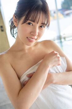 1girl aoi_rena blurry blurry_background collarbone indoors japanese_(nationality) looking_at_viewer photo_(medium) real_life short_hair smile standing towel towel_over_breasts window