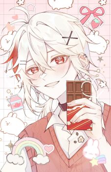 Rule 34 | 1boy, blush, brown choker, chocolate, choker, commentary, earrings, food, genshin impact, hair between eyes, hair ornament, hairclip, holding, holding chocolate, holding food, jewelry, kaedehara kazuha, long hair, male focus, multicolored hair, open mouth, red eyes, red hair, red sweater vest, shirt, solo, streaked hair, sweater vest, symbol-only commentary, white hair, white shirt, x hair ornament, yasu san21