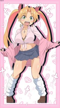 1girl :d alternate_breast_size_(larger) alternate_costume alternate_hairstyle artist_name bambi2000line black_skirt border bra bra_peek breasts brown_shoes collarbone commentary drop_shadow earrings fang full_body green_eyes groin gyaru hair_ribbon highres jacket jewelry kneehighs kogal large_breasts legs_apart light_blush loafers long_hair long_sleeves loose_socks microskirt midriff nail_polish navel necklace off_shoulder open_clothes open_jacket open_mouth orange_hair pink_border pink_jacket pink_nails pleated_skirt red_ribbon ribbon ruri_no_houseki shirt shoes simple_background skirt smile socks solo standing tanigawa_ruri teeth tied_shirt underwear upper_teeth_only white_background white_shirt white_socks wing_collar