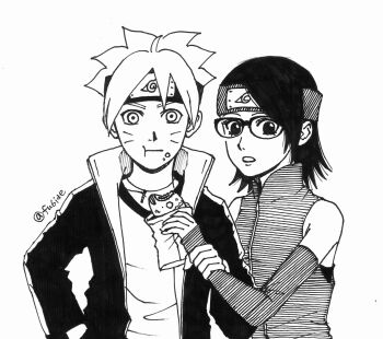 Rule 34 | 1boy, 1girl, arm warmers, boruto: naruto next generations, commentary request, eating, facial mark, food, food in mouth, food on face, forehead mark, glasses, hand in pocket, hatching (texture), highres, holding, holding another's wrist, holding food, jacket, jewelry, maid headdress, marker (medium), matsu (fu6ide2), monochrome, naruto (series), necklace, taiyaki, traditional media, twitter username, uchiha sarada, uzumaki boruto, wagashi, whisker markings