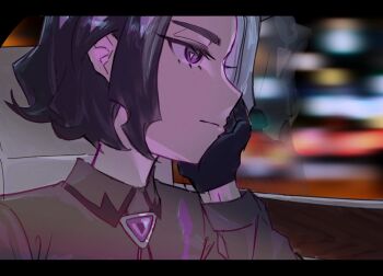 1boy amethio_(pokemon) black_gloves bright_pupils car_interior closed_mouth collared_shirt commentary_request copituji gloves hand_up highres letterboxed looking_to_the_side male_focus multicolored_hair nintendo pokemon pokemon_(anime) pokemon_horizons purple_eyes reflection shirt short_hair solo symbol-shaped_pupils triangle-shaped_pupils two-tone_hair window