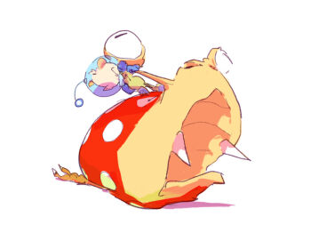 backpack bad_tag bag big_nose blonde_hair blue_bag blue_gloves bulborb closed_eyes closed_mouth commentary dead_animal determined english_commentary frown gloves helmet jason_lupas leaning_back louie_(pikmin) nintendo pikmin_(series) pulling radio_antenna shadow short_hair simple_background space_helmet spacesuit v-shaped_eyes very_short_hair white_background