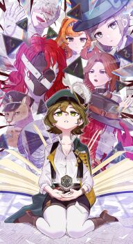 3boys 5girls :o aleph_(reverse:1999) ankle_boots bandaged_hand bandaged_head bandages black_hat black_mask black_shorts black_vest blue_eyes boater_hat book boots breasts brown_boots brown_hair cape checkered_hairband cleavage covered_face cracked_mask dice dores_(reverse:1999) facing_viewer full_body gloves green_cape green_eyes green_hat grey_eyes grey_hair grey_mask hair_bun hairband hand_on_headwear hat hat_feather highres jaguar jailer_(reverse:1999) long_hair looking_up low_ponytail merlin_(reverse:1999) mole mole_under_eye multiple_boys multiple_girls nashinome_(y5wlht) newsboy_cap octavia_(reverse:1999) open_book open_clothes open_mouth open_vest orange_hair pantyhose parted_lips peaked_cap polyhedral_dice ponytail recoleta_(reverse:1999) red_gloves red_hair reverse:1999 shirt short_hair short_shorts shorts side_cape single_side_bun sitting smile sonetto_(reverse:1999) the_idealist_(reverse:1999) too_many_papers upper_body urd_(reverse:1999) vertin_(reverse:1999) vest wariza white_pantyhose white_shirt