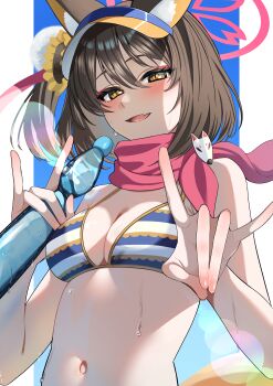 1girl absurdres animal_ears blue_archive blush breasts brown_hair double_fox_shadow_puppet fang flower fox_ears fox_girl fox_shadow_puppet hair_flower hair_ornament halo highres ito_(ito577) izuna_(blue_archive) izuna_(swimsuit)_(blue_archive) looking_at_viewer medium_breasts medium_hair navel open_mouth pink_halo pink_scarf scarf skin_fang solo sunflower sunflower_hair_ornament yellow_eyes
