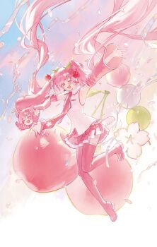 1girl absurdly_long_hair absurdres armpits arms_up bare_shoulders between_legs blush boots breasts cherry_blossoms cherry_hair_ornament collarbone collared_shirt commentary_request detached_sleeves falling_flower food-themed_hair_ornament full_body hair_between_eyes hair_ornament hatsune_miku headset highres kokko_(kokko3045) long_hair long_sleeves looking_at_viewer necktie one_eye_closed open_mouth pink_eyes pink_hair pink_nails pink_necktie pink_skirt pink_trim sakura_miku shirt skirt sleeveless sleeveless_shirt small_breasts smile thick_thighs thigh_boots thighhighs thighs twintails very_long_hair vocaloid wide_sleeves zettai_ryouiki