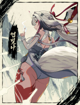 1girl absurdres alternate_form animal_ears armlet ass back_tattoo bare_shoulders black_hair body_markings bracelet braid breasts china_dress chinese_clothes commentary_request detached_sleeves dress droopy_ears fox_ears fox_girl from_behind grey_hair hair_ribbon highres horns jewelry junmin korean_commentary kuji-in leg_tattoo leotard long_hair looking_at_viewer looking_back metal_bracelet multicolored_hair official_alternate_hair_color official_alternate_hair_length official_alternate_hairstyle parted_lips red_eyes red_ribbon ribbon see-through_horns silver_armlet silver_bracelet single_horn solo tail tattoo thighs underbutt very_long_hair white_hair white_leotard ye_shunguang zenless_zone_zero