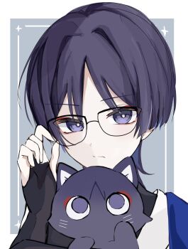 1boy adjusting_eyewear animalization bespectacled black_bodysuit black_bridal_gauntlets black_cat black_hair blunt_ends bodysuit border bridal_gauntlets bright_pupils cat closed_mouth commentary_request eyeliner eyeshadow genshin_impact glasses grey_background hair_intakes hand_up haru_sakura3915 highres japanese_clothes kimono makeup male_focus person_and_animalization portrait purple_eyes red_eyeliner red_eyeshadow scaramouche_(cat)_(genshin_impact) scaramouche_(genshin_impact) split_mouth tsurime wanderer_(genshin_impact) white_border white_kimono white_pupils wispy_bangs