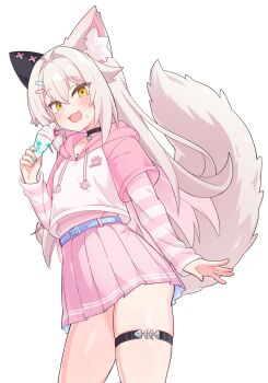 1girl :d animal_ear_fluff animal_ears belt belt_buckle black_choker blue_belt blush brown_hair buckle cherry choker collarbone commentary_request drawstring food food_on_face fruit hair_between_eyes hair_intakes highres holding holding_food hood hood_down hoodie ice_cream ice_cream_cone ice_cream_on_face layered_sleeves long_hair long_sleeves open_mouth orange_eyes original pink_skirt pleated_skirt shirt short_over_long_sleeves short_sleeves simple_background skindentation skirt smile solo striped_clothes striped_shirt tail ug_(nekonekodou) undershirt very_long_hair white_background white_hoodie