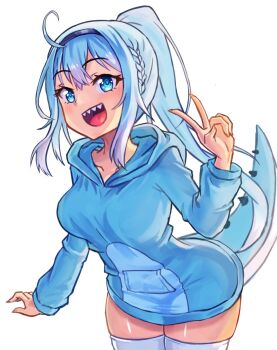 1girl ahoge artist_request blue_eyes blue_hair braid breasts collarbone dinosaur_girl dinosaur_tail highres hood hoodie indie_virtual_youtuber large_breasts non-web_source open_mouth ponytail sharp_teeth skiddosaurus_rex solo source_request tail teeth thick_thighs thighhighs thighs v white_background white_thighhighs