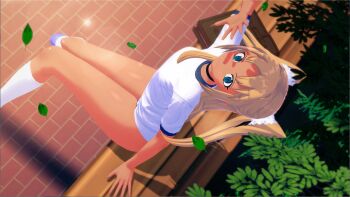 1girl 3d absurdres artist_request ass bare_legs blonde_hair blue_buruma blue_eyes breasts buruma bush dark-skinned_female dark_skin futaba_lili_ramses grass gym_uniform highres long_hair looking_at_viewer looking_up salute shiny_skin shirt simple_background sitting small_breasts smile solo taimanin_(series) taimanin_rpgx tentacle_and_witches twintails white_shirt wide_hips wind