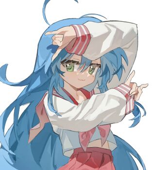 1girl :3 \m/ ahoge arms_up blue_hair closed_mouth commentary cowboy_shot dot_nose double_\m/ double_horizontal_stripe flipped_hair green_eyes hair_between_eyes highres huge_ahoge izumi_konata jin_(jin_sen0956) jitome long_hair long_sleeves looking_at_viewer lucky_star midriff_peek mole mole_under_eye neckerchief pink_neckerchief pleated_skirt red_sailor_collar red_skirt ryouou_school_uniform sailor_collar school_uniform serafuku shirt sidelocks simple_background skirt solo straight_hair symbol-only_commentary very_long_hair white_background white_shirt