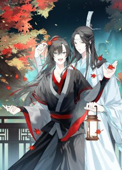 2boys :d ahoge an_d_01 autumn_leaves bishounen black_hair black_hanfu blue_eyes chinese_clothes couple falling_leaves hair_ribbon hand_up hanfu headband height_difference holding holding_lantern holding_leaf lan_wangji lantern leaf leaf_on_head light_particles long_hair long_sleeves looking_at_viewer male_focus maple_leaf modao_zushi multiple_boys night night_sky open_mouth outdoors parted_lips ponytail red_ribbon red_sash ribbon robe sash sidelocks sky smile standing topknot tree wei_wuxian white_hanfu white_headband wide_sleeves xiao_guan_(headdress) yaoi yellow_eyes
