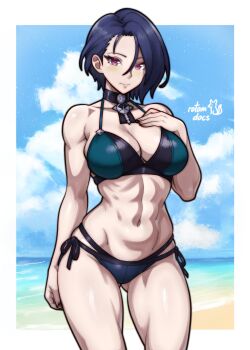 1girl abs absurdres alternate_costume artist_name bare_arms bare_shoulders beach bikini black_bikini black_choker blue_hair breasts choker cleavage collarbone female_focus fire_emblem fire_emblem:_three_houses gluteal_fold hand_on_own_chest highres large_breasts linea_alba multi-strapped_bikini_bottom muscular muscular_female navel nintendo ocean outdoors purple_eyes rotomdocs shamir_nevrand short_hair side-tie_bikini_bottom sideboob skindentation solo stomach swimsuit thick_thighs thighs toned toned_female
