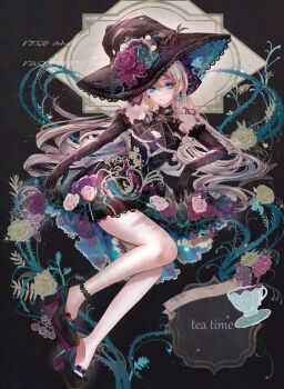 1girl black_dress black_gloves blonde_hair blue_eyes breasts commentary_request cup dress elbow_gloves flower full_body gloves hat high_heels highres jewelry komorihikki long_hair looking_at_viewer original pink_flower purple_flower rose sensitive smile solo teacup very_long_hair witch witch_hat