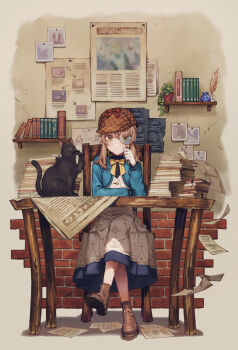 1girl black_cat book brick_wall brown_hair brown_shoes cat chair cover_image crack cracked_wall cropped_jacket crossed_legs dress fake_facial_hair fake_mustache flying_paper fujimi_nanna green_eyes highres holding holding_magnifying_glass inkwell looking_through_magnifying_glass magnifying_glass monica_everett nero_(silent_witch) newspaper official_art paper paper_stack photo_(object) plant potted_plant quill ribbon shelf shoes sidelocks silent_witch sitting solo table wooden_chair wooden_table